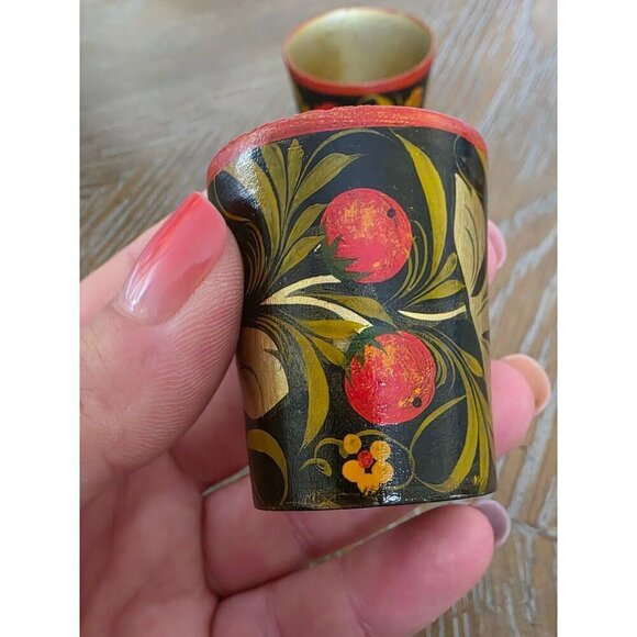 Vintage Hand-Painted Floral Wooden Shot Glasses Set Of 3 - Picture 13 of 16